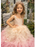 Beaded Ivory Lace Pink Tulle Ruffle Flower Girl Dress